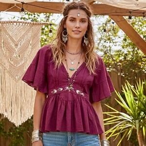Free People Embroidered Flutter Sleeve Peplum‎ Top Small Burgundy Y2K Leaf Tag
